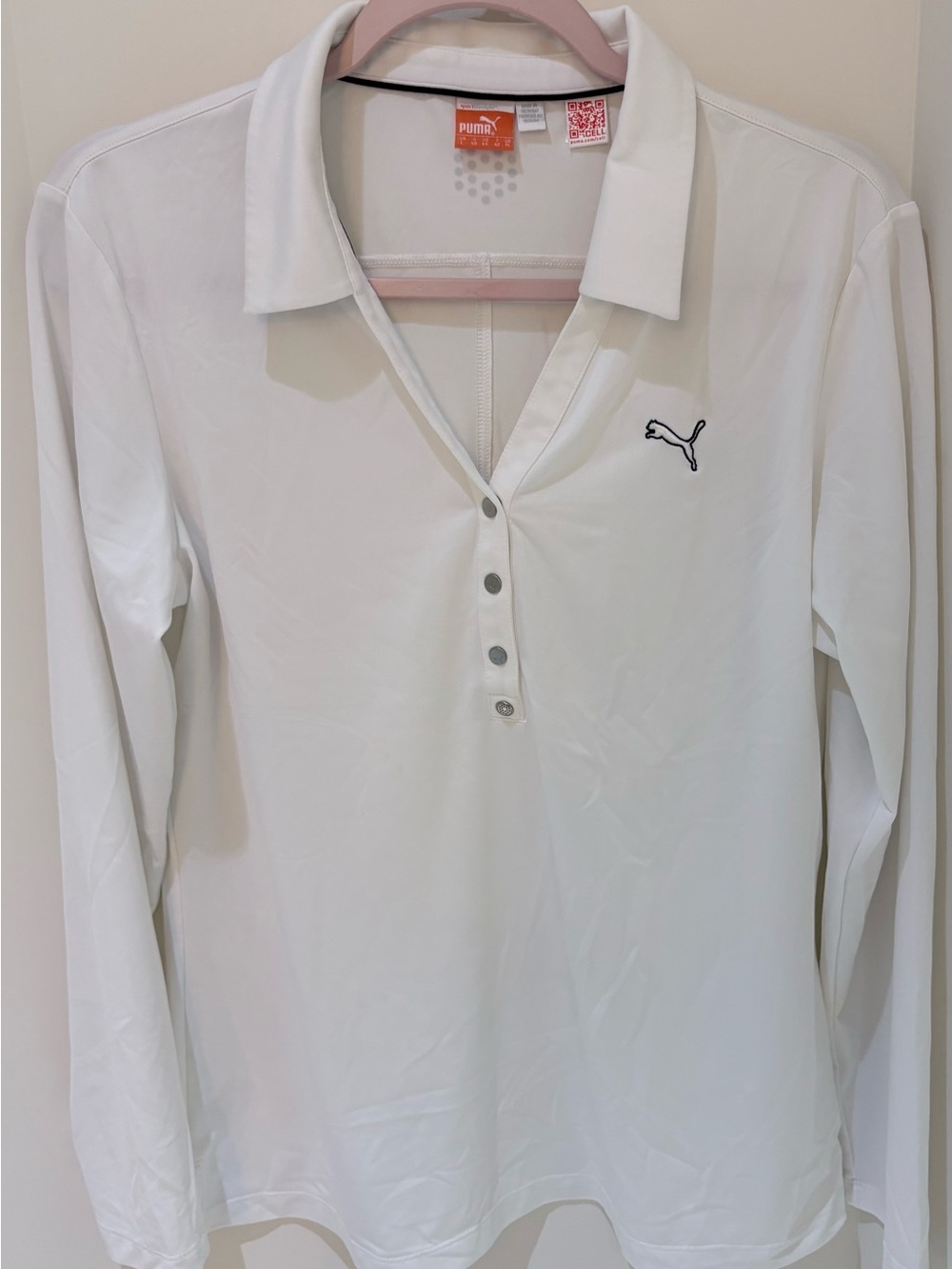 Puma White Long Sleeve Polo Top with Black Cat Logo